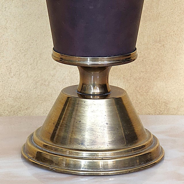 Vintage Brass & Faux Leather Table Lamp With Off‑White Silk Shade — 26.5" For Sale - Image 9 of 18