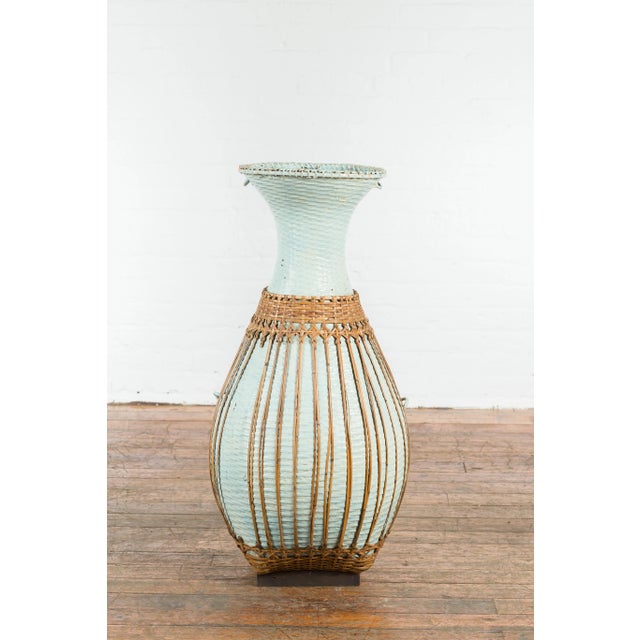 Chinese Large Vintage Chinese Woven Rattan Basket of Teal and Natural Color on Base For Sale - Image 3 of 13