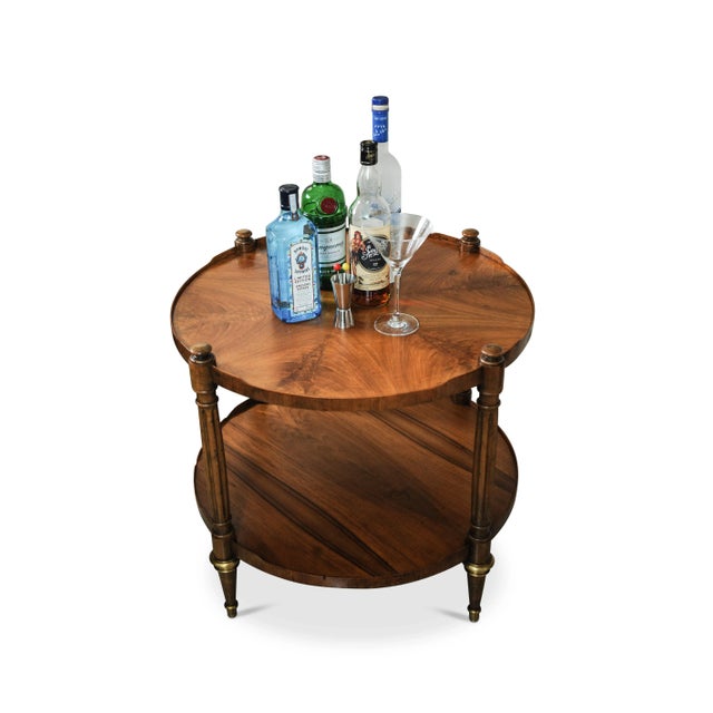 Regency 2-Tier Flame Walnut Gueridon Table with Reeded Legs & Brass Detailing For Sale - Image 6 of 6