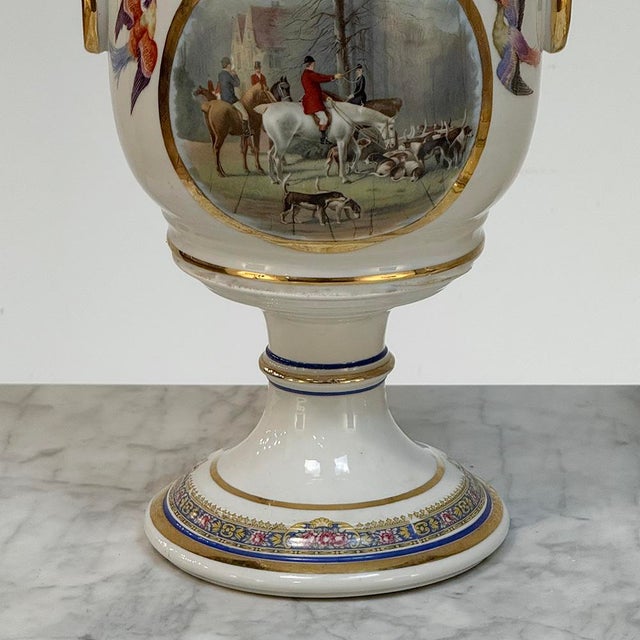 Pair Antique Belgian Pêtre À Baudour Neoclassical Porcelain Hunt Scene Urns For Sale - Image 11 of 18