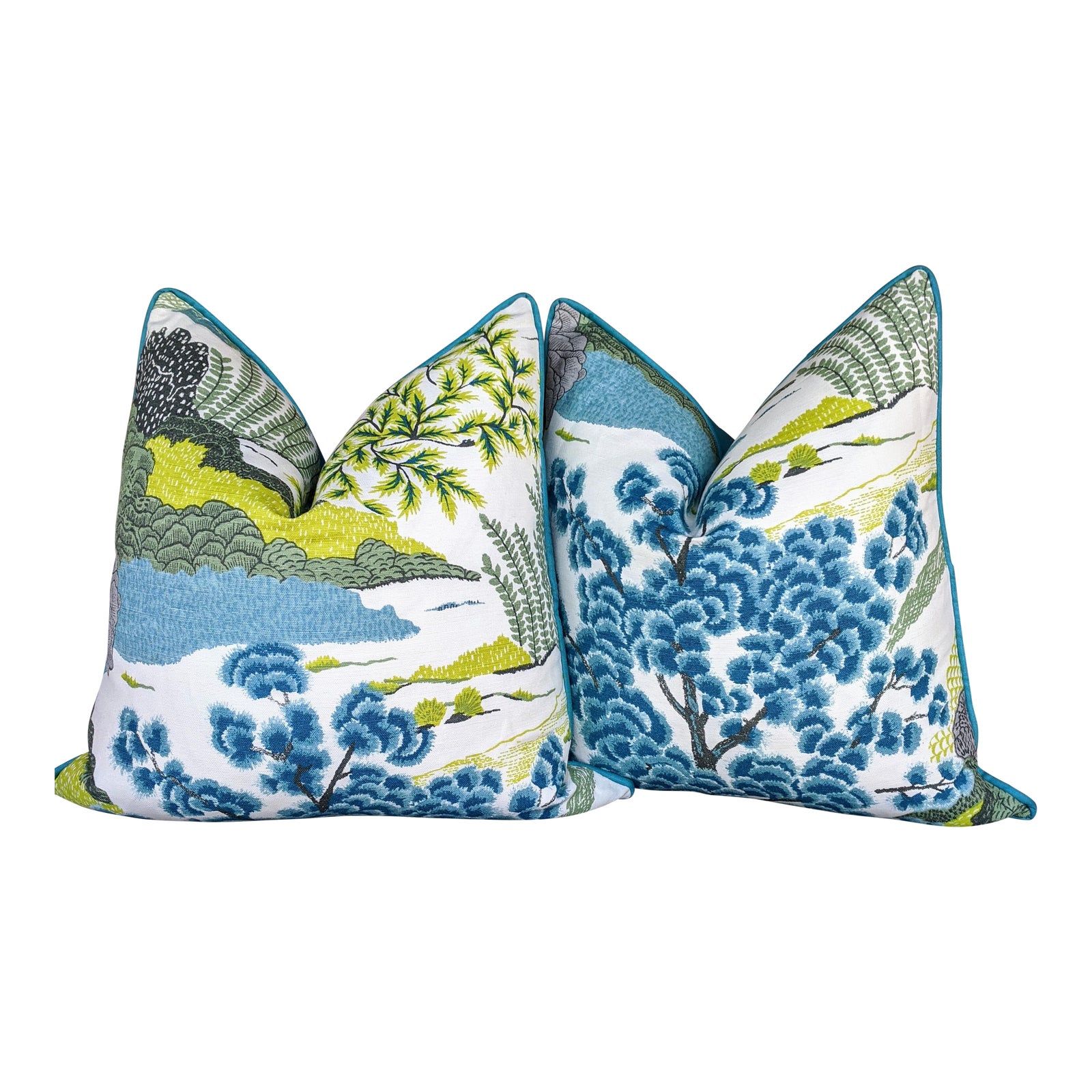 Chinoiserie Thibaut Daintree in Turquoise & Chartreuse Pillows a Pair