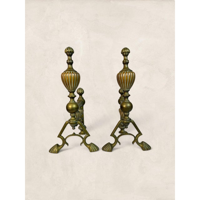 Antique English Cast Brass Andirons With Scrolled Legs For Sale - Image 4 of 7