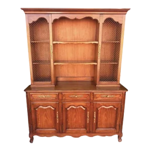 Kindel Grand Rapids Large Belvedere Solid Cherry Wood Louis XV French Provincial Style China Cabinet - Vintage 1950s