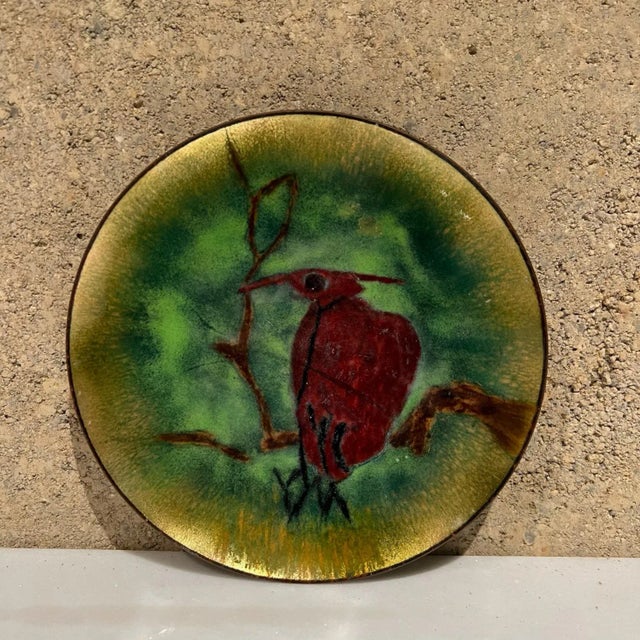Metal 1960s Modernism Copper Enamel Decorative Red Bird Plate For Sale - Image 7 of 7