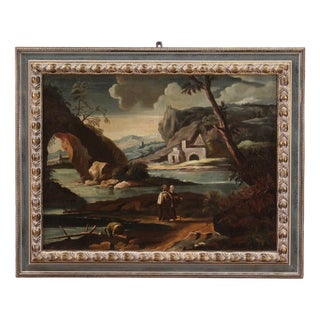 Italian Artist, Landscape with Characters, 1750, Oil Painting on Canvas, Framed For Sale