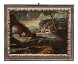 Italian Artist, Landscape with Characters, 1750, Oil Painting on Canvas, Framed