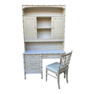 Thomasville Allegro Regency Style Faux Bamboo Writing Dest & Hutch With Chair For Sale