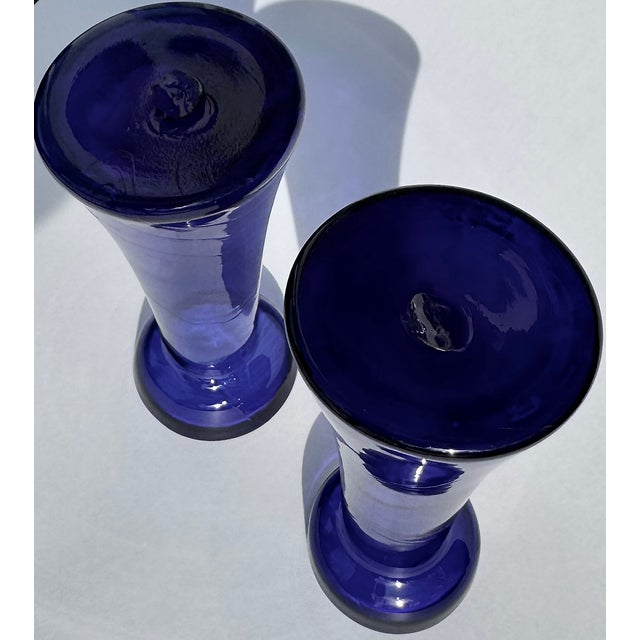 Blue Pair Cobalt Glass Bulb Forcing Vases Late 19th Century For Sale - Image 8 of 8