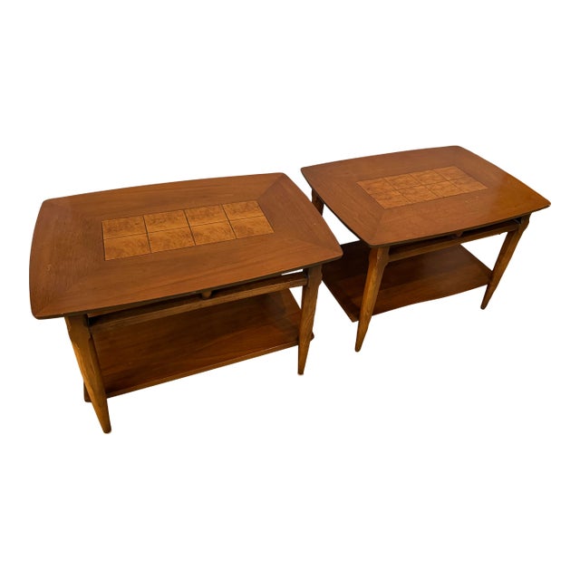 1958 Pair of Lane Walnut End or Side Tables With Inlaid Tops Mid-Century Modern Pair #1925 For Sale