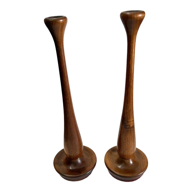 Mid Century Modern Teak Candle Sticks For Sale