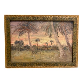Small Old 1930s Florida Sunset Painting With Palm Trees For Sale
