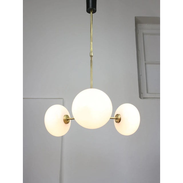 Mid-Century Modern Mid-Century Brass Opaline Glass Chandelier For Sale - Image 3 of 18