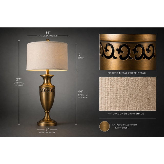 Vintage Transitional Urn Table Lamp in Antique Brass With Pierced Metal Frieze & Linen Drum Shade — 27” - a Pair For Sale - Image 9 of 9