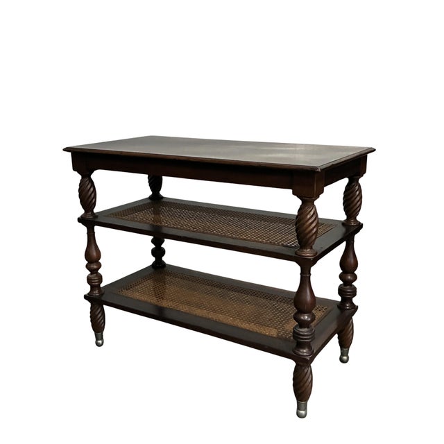English Vintage Baker Milling Road British Colonial Style Three-Tier Stand With Cane Shelves For Sale - Image 3 of 12