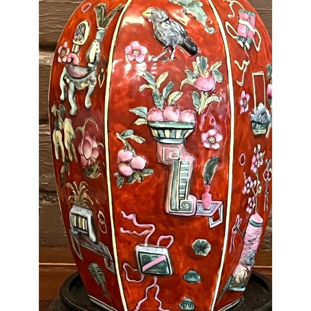 Early 20th Century Early 20th Century Republic Period Chinese Coral Red Relief Porcelain Tea Caddy Jar Lid 10" For Sale - Image 5 of 6