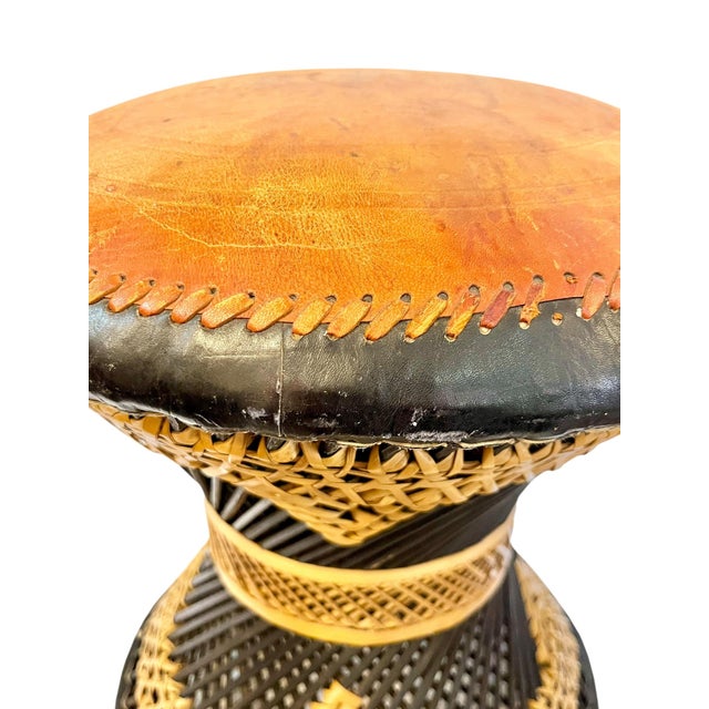 Pair of Mid-Century Anglo-Indian Leather & Rattan Drum Stools For Sale - Image 13 of 17