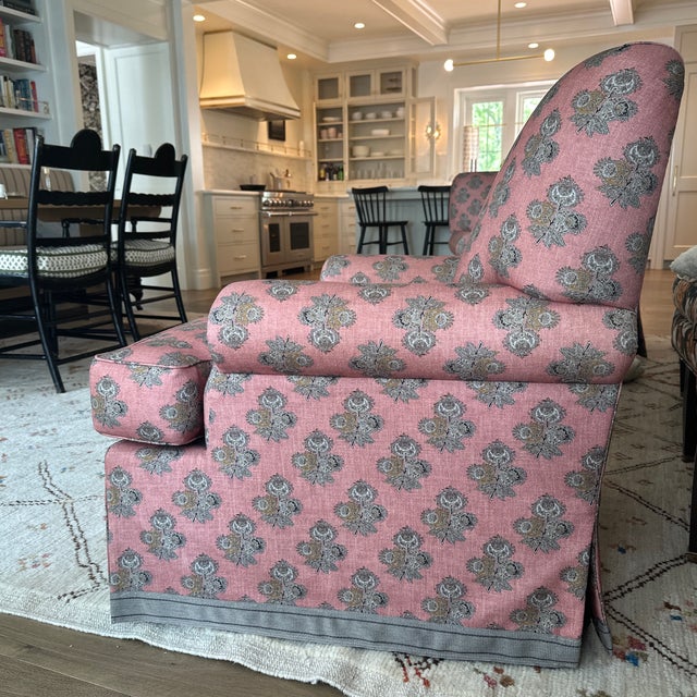 Custom Patricia Edwards Swivel chair with Lee Jofa -GP&J Baker Linen fabric, dressmaker skirt and grosgain tape trim....