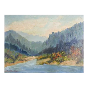 Vintage Impressionist Mountain River Landscape Painting