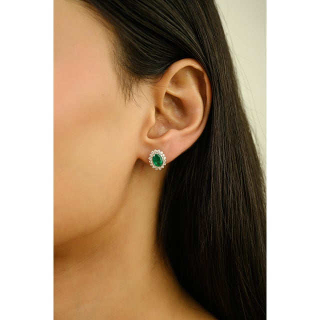 Metal Zambian Emerald Diamond Halo Stud Earrings in 14k Gold- A Pair Gift for Mom For Sale - Image 7 of 14