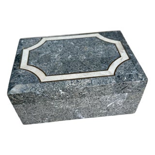 Vintage Maitland-Smith Marble & Brass Inlaid Trinket Box With Wood Interior, Rare Style For Sale