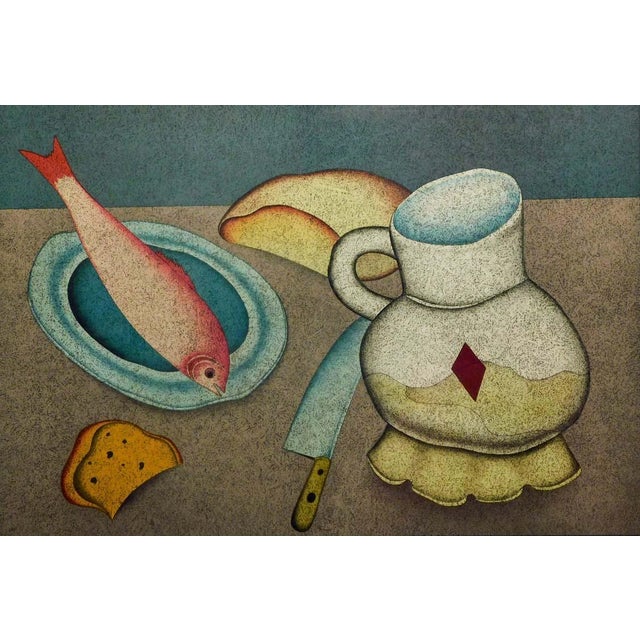 Impressionist Mikail Chemiakin "Still Life With Fish, Bread and Knife" 1978 Custom Framed For Sale - Image 3 of 6