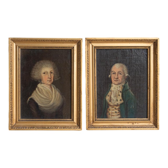 Antique Georgian Portraits Provincial Folk Art Oil Paintings, 18th Century - a Pair For Sale