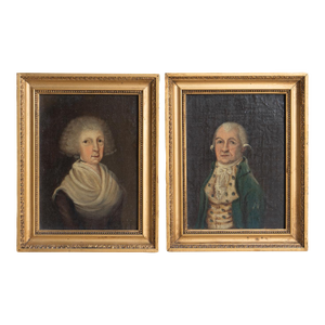 Antique Georgian Portraits Provincial Folk Art Oil Paintings, 18th Century - a Pair