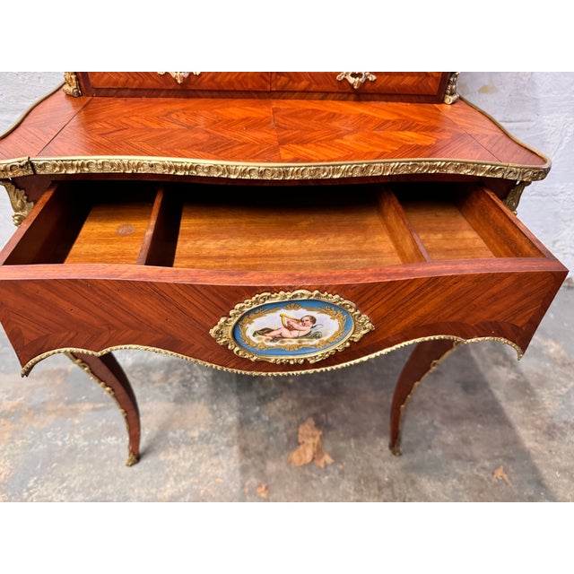 Antique French Louis XV Style Inlaid King Wood Ladies Writing Desk For Sale - Image 12 of 18