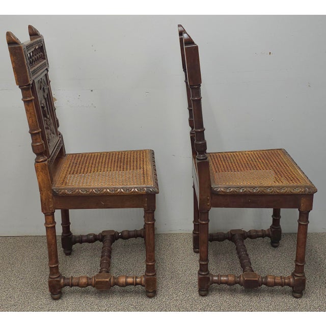 Mid 20th Century Pair Jacobean Style Carved Oak and Caned Seat Side Chairs For Sale - Image 11 of 14