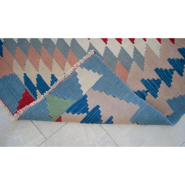 Vintage Hand Woven Turkish Rug Kilim. Blue Tones Wool Oushak Rug Living Room Decor- 6′1″ X 9′ For Sale - Image 10 of 10