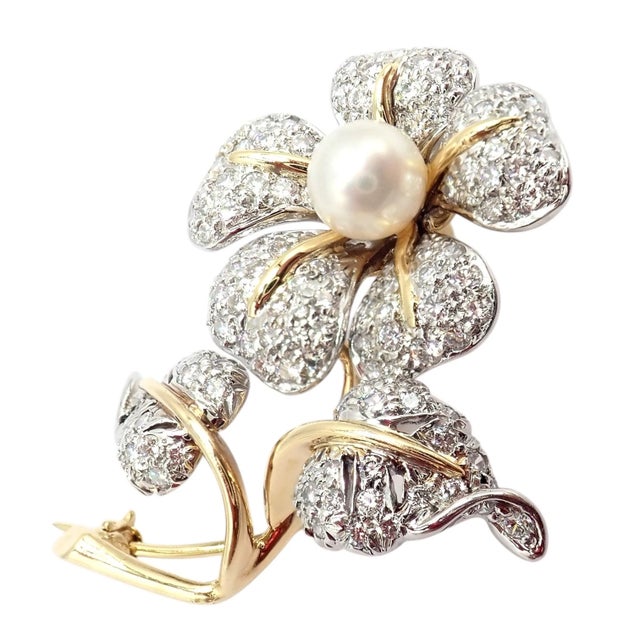 Vintage Tiffany & Co. Yellow Gold Platinum Diamond Pearl Pin Brooch For Sale - Image 10 of 12