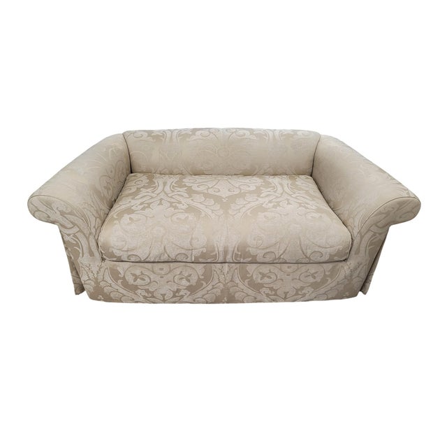 Custom English Roll Arm Bench Seat Damask Loveseat With Pleated Skirt For Sale - Image 12 of 13