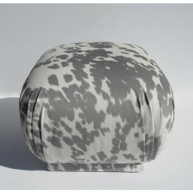Gray Vintage C.1970's Mid-Century Modern Karl Springer Souffle' Pouf Ottoman in a Nova Suede Pony Hide Spotted Textile For Sale - Image 8 of 13
