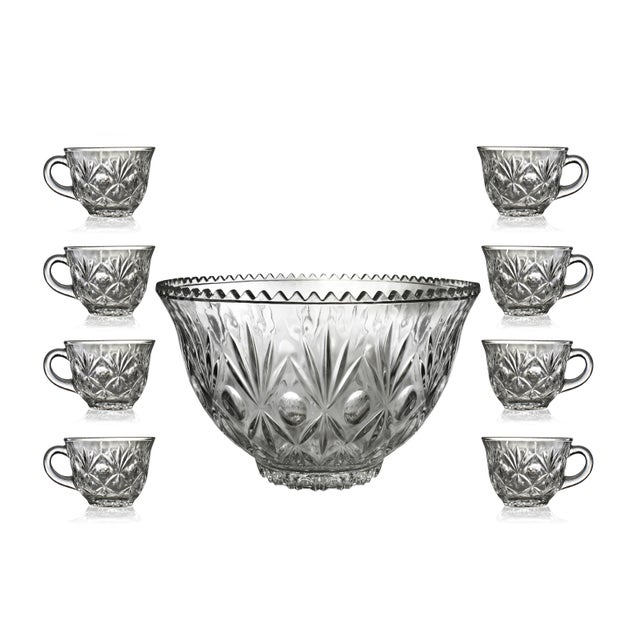 Vintage Clear Cut Glass Fruit Punch Bowl With Glasses Serving Drink Set 9 Pieces Chairish