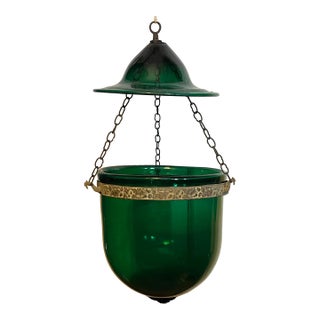 Large Antique 19th Century American Federal Emerald Green Blown Glass Bell Jar Hall Lantern With Witch's Hat Smoke Shade For Sale