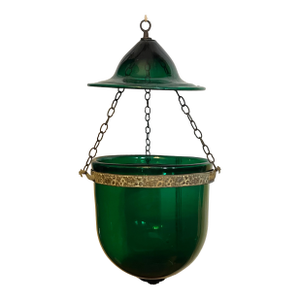 Large Antique 19th Century American Federal Emerald Green Blown Glass Bell Jar Hall Lantern With Witch's Hat Smoke Shade