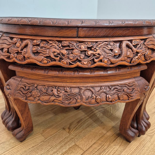 Mid 20th Century Mid-20th Century Signed George Zee Asian Dragon Carved Rosewood Tea Table & 4 Stools - Set of 5 For Sale - Image 5 of 11
