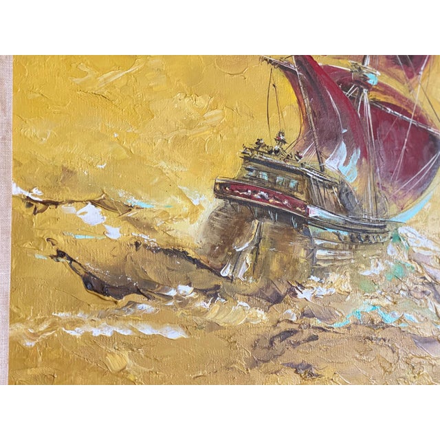 Large Vintage Original Oil Painting by Rj Fowles Wwii Veteran Red Sailing Ship Yellow Ocean Background Framed and Matted For Sale - Image 9 of 11