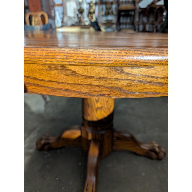 Wood Vintage Oak Round Pedestal Dining Table With Claw Feet For Sale - Image 7 of 10