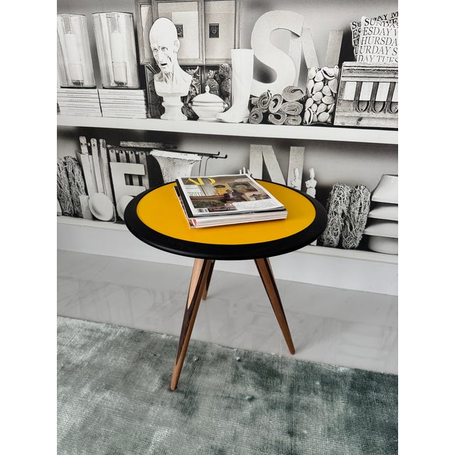 Mid-Century Modern Morelato Carambola Side Table Italian Modern Design Multilayer Wood Inlay Legs Yellow Lacquer Top For Sale - Image 3 of 10