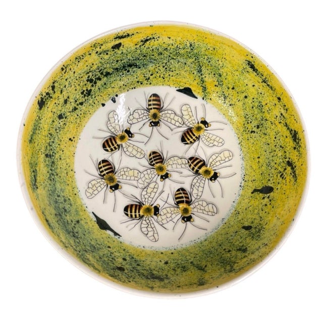 Illustration Vintage Hand-Painted Bee Motif Ceramic Bowl – Speckled Yellow Glaze Decorative Centerpiece Dish For Sale - Image 3 of 12