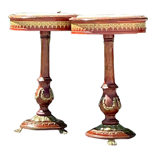 Vintage Regency Ormolu Pedestal Table With Inset Marble - Set of 2 For Sale