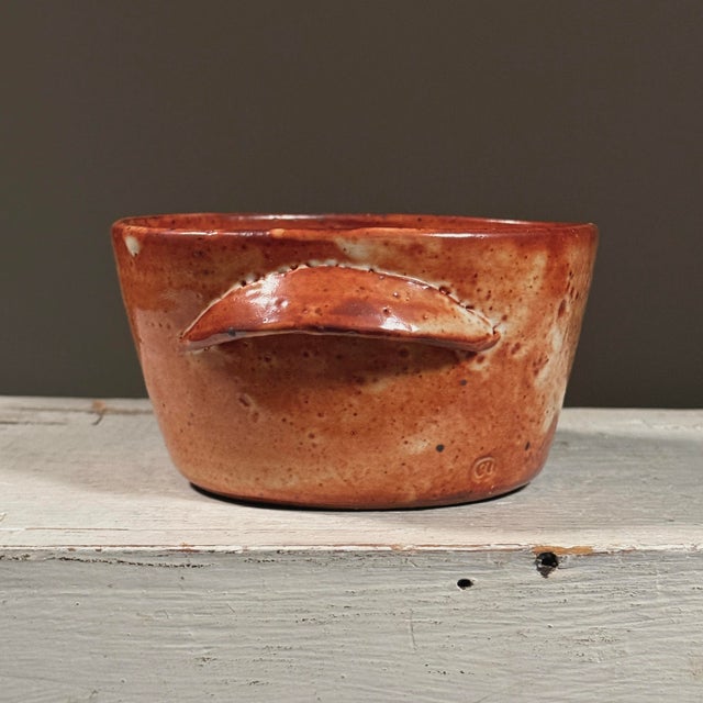 Japanese Vintage Japanese Modernist Wood-Fired Shino Ware Vessel With Handles, Signed For Sale - Image 3 of 9