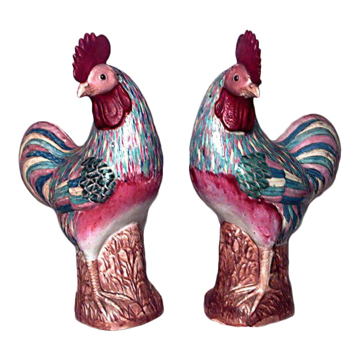 Chinese Polychrome Porcelain Rooster Figurines a Pair Chairish