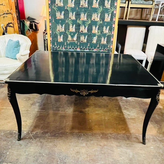 French 1940s Black Lacquered Ormolu Desk / Bureau Plat For Sale - Image 3 of 12