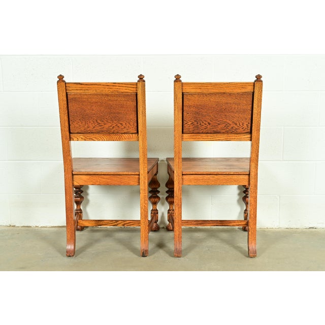 Early Romweber Antique English Jacobean Carved Oak and Burl Wood Dining Chairs, Set of Four For Sale - Image 12 of 13