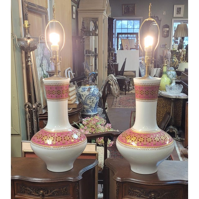 A fine pair of large mid-century Bavarian vases made into lamps. Manufactured by Krautheim & Aldeberg Bavaria. Each is...