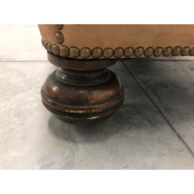 Early 20th Century Vintage Ultrasuede Ottoman Oak Legs and Casters