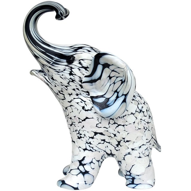 Archimede Seguso Murano Vintage Black White Italian Art Glass Elephant
