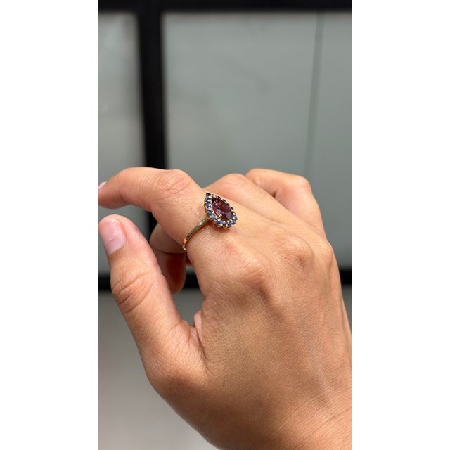 Retro Style 18k Yellow Gold 1.77ct Rubelite & Blue Sapphire Halo Ring Size 4 For Sale In New York - Image 6 of 17